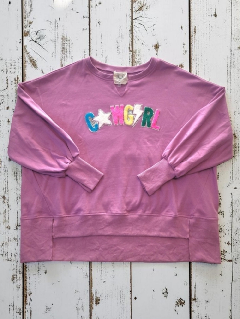 Fantastic Fawn "COWGIRL" Size-M Purple Crewneck W/ Textured Sequined Letters.